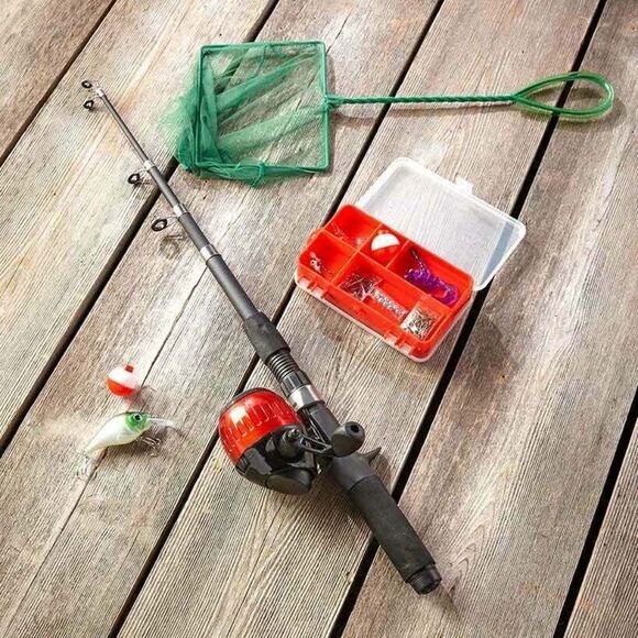 Kids Fishing Kit Telescopic Rod Tackle Box Spincast Reel Bait Net Travel Bag NEW - Picture 2 of 3